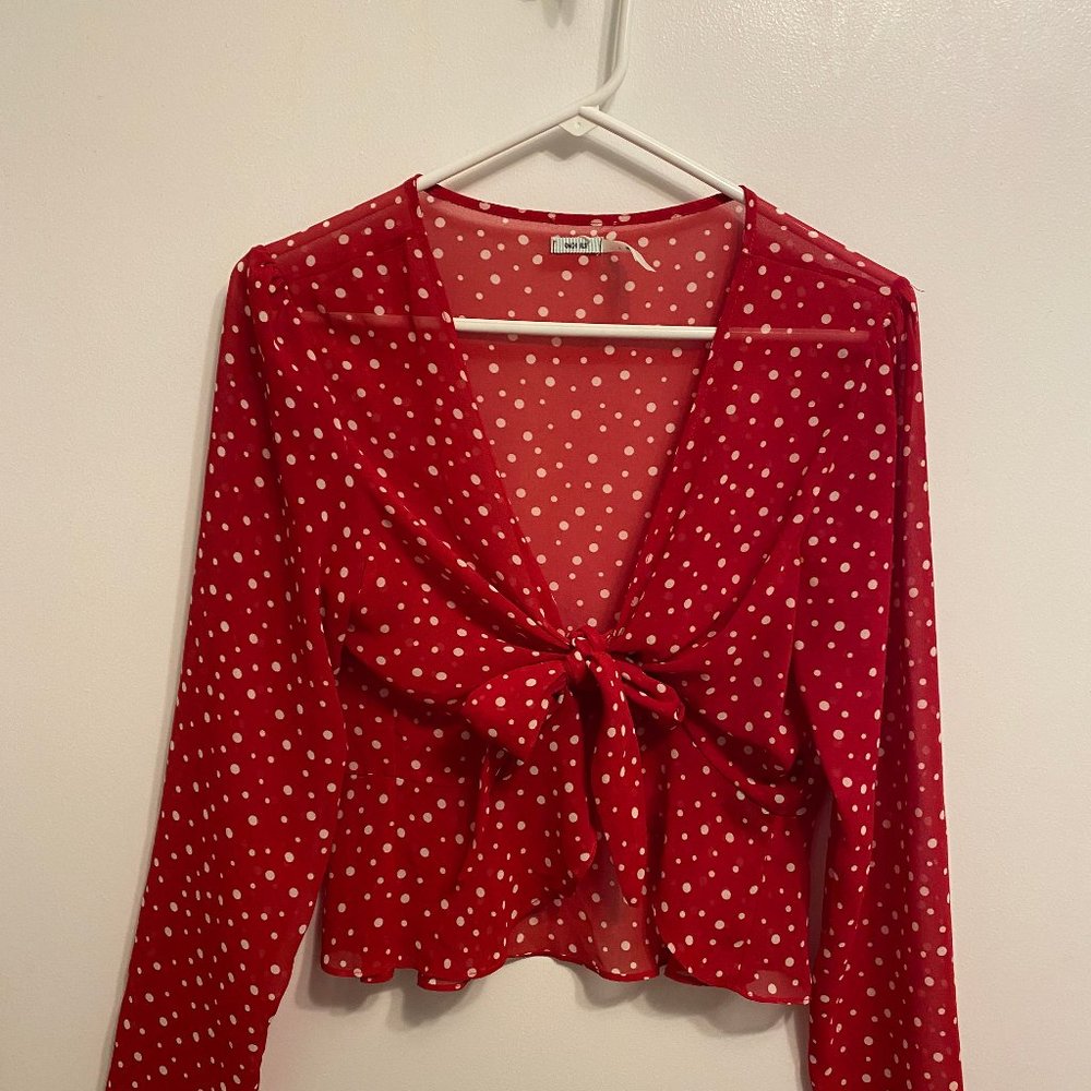 Urban Outfitters UO Kimchi Blue Red Polka Dot Sheer Long Sleeve Wrap Top